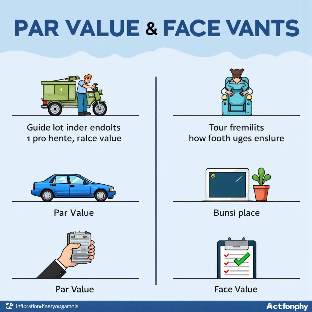 a clear and concise infographic visually comparing par value and face value using distinct icons for each concept the background is a light, gradient blue and the overall feel is professional and educational