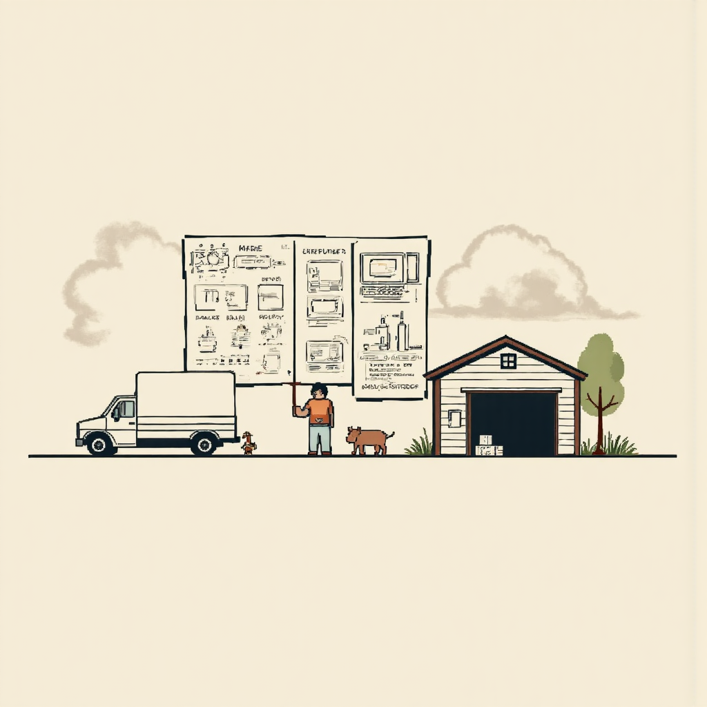 A gentle illustration depicting a simple apple logo surrounded by early computer blueprints and the faint outline of a garage evoking a sense of humble beginnings and significant innovation
