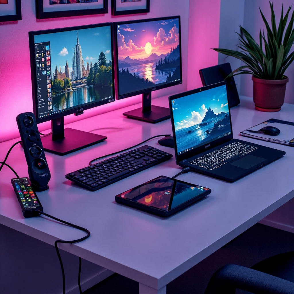 An illustration of a sleek modern laptop connected to a sophisticated docking station via a single glowing USB C cable surrounded by multiple monitors and peripherals in a clean office setting vibrant colors