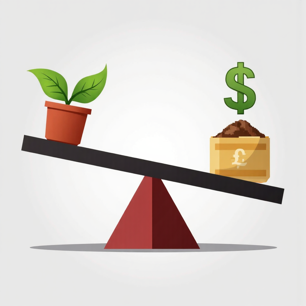 投資機會與貨幣風險平衡的天平視覺隱喻,一側生長植物代表機會,另一側下跌貨幣符號,聚光燈下動態平衡,展示金融市場雙重性質的現代美學