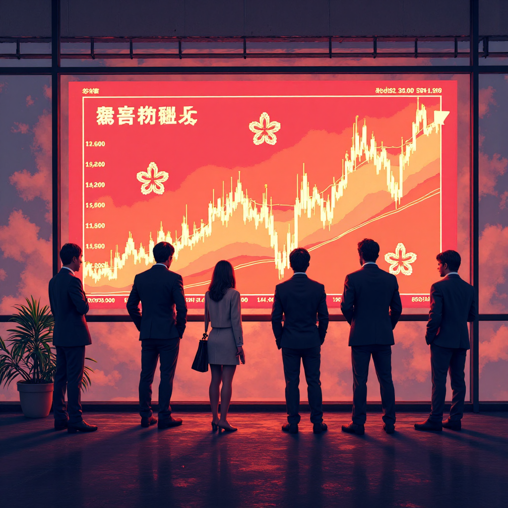 An illustration of a diverse group of Taiwanese investors looking at a large glowing stock market chart with us stock symbols and upward trend lines depicted in a warm vibrant color palette with a soft light effect