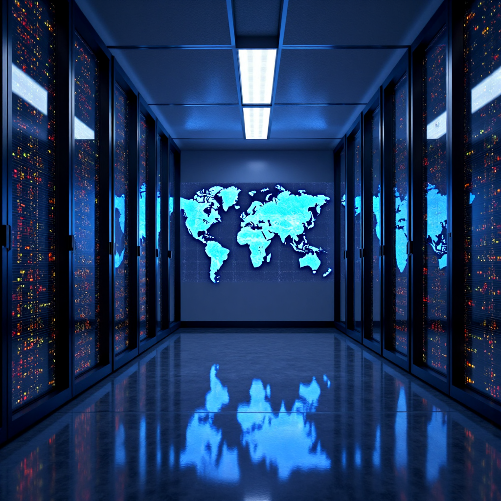 現代資料中心內部，伺服器機架散發藍光，世界地圖投影顯示全球連線，代表亞洲外匯交易低延遲優勢