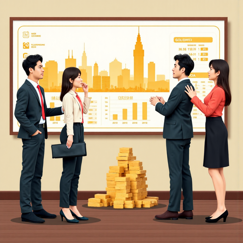 illustration of a diverse group of Taiwanese investors looking at a golden forecast chart with a subtle backdrop of Taipei 101 and various investment options like ETF and gold bars