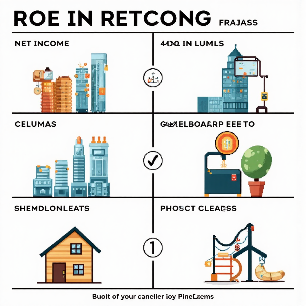 illustration of a clear and colorful infographic breaking down the ROE formula with visual elements representing net income and shareholders equity