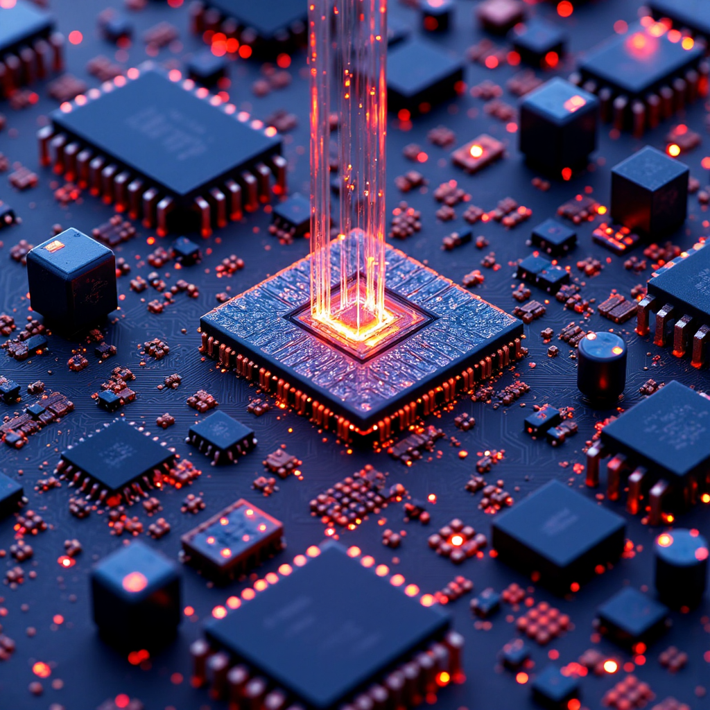 A detailed technical illustration in a bright clean style showing glowing power management integrated circuits and MOSFETs flowing through a complex circuit board representing the core revenue structure of an electronics distributor