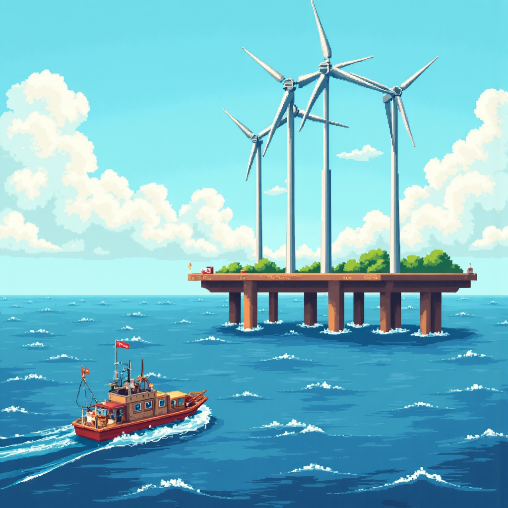 charming illustration depicting a small boat carrying miniature wind turbine parts sailing towards a massive offshore wind farm anchored securely in sparkling blue ocean water