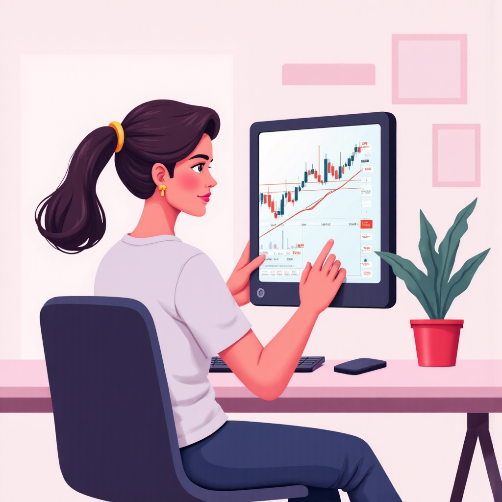 clean vector art showing a trader using a digital tablet displaying a stock chart with overlaid fibonacci retracement lines and key price points against a soft pastel background