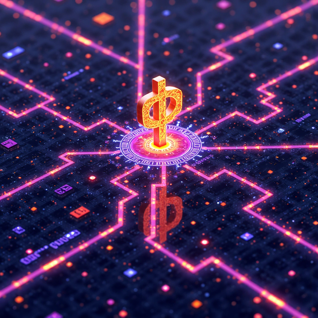 生動的區塊鏈網路圖示,閃爍節點與連接路徑,中央 MATIC 代幣符號,充滿未來感與明亮色彩的數位藝術