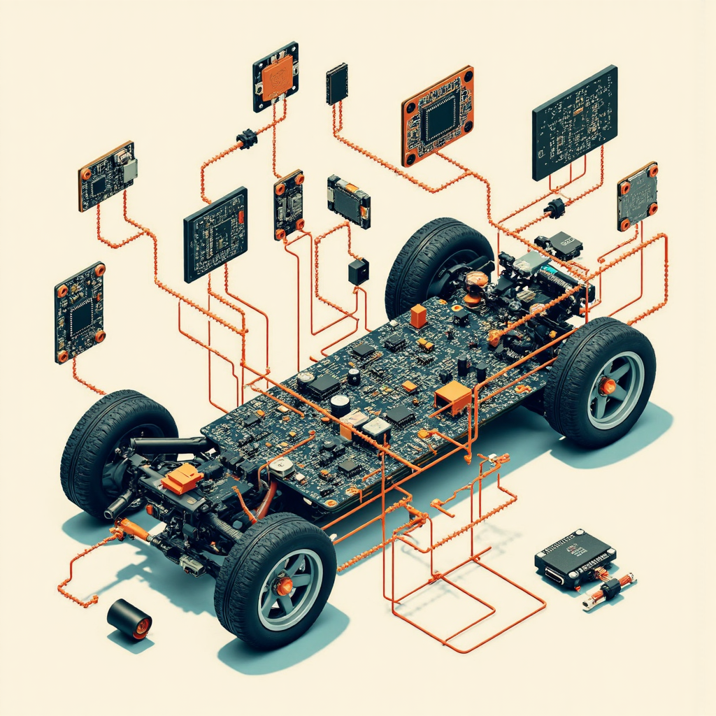 An intricate diagrammatic illustration showing different electronic components like PCBAs and wires flowing into a stylized representation of a modern electric vehicle chassis soft industrial color palette