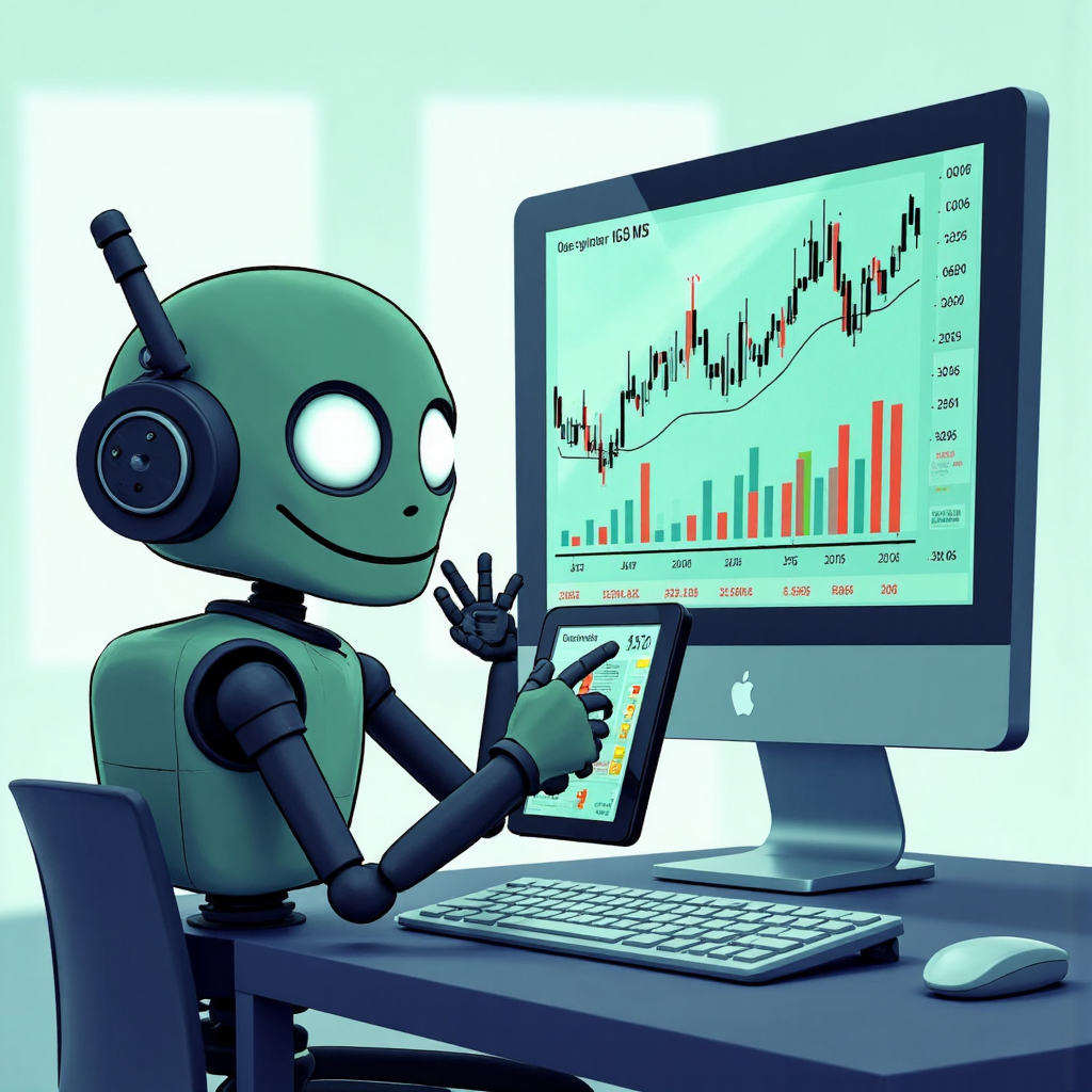 機器人分析股票圖表與 Gamma App 簡報的像素藝術插圖,強調創新生產力與 GMMA 趨勢指標