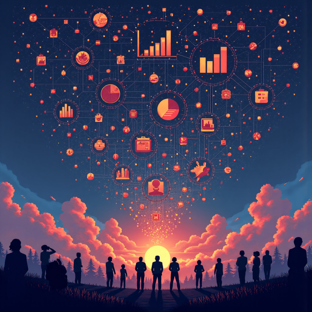 風格化插圖顯示一群小人物仰望大型互聯發光節點和圖表網絡,象徵市場趨勢和資料分析
