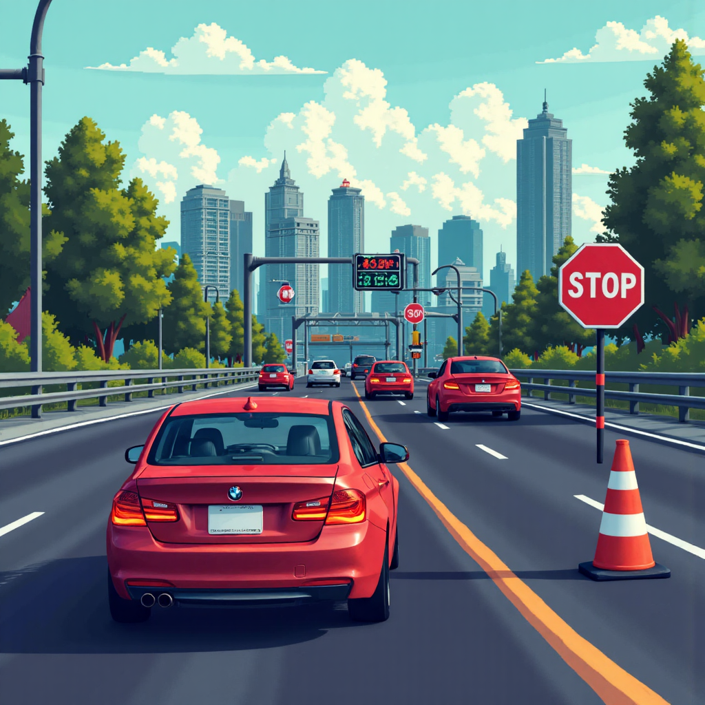 Stylized depiction of a speeding car on a financial highway suddenly encountering a traffic cone emergency stop barrier with subtle stock market symbols in the background a vibrant yet urgent feel