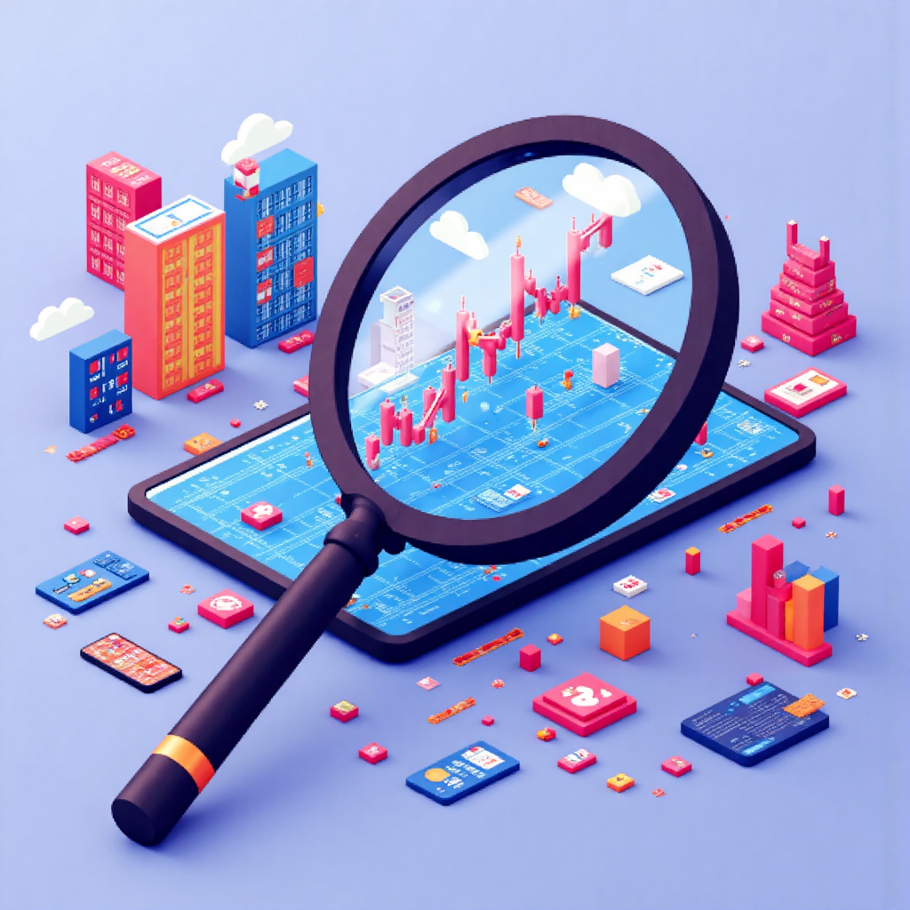 奇幻插圖顯示放大鏡懸浮在Nasdaq-100指數圖表上，隱含AI和雲端運算的明亮幾何形狀