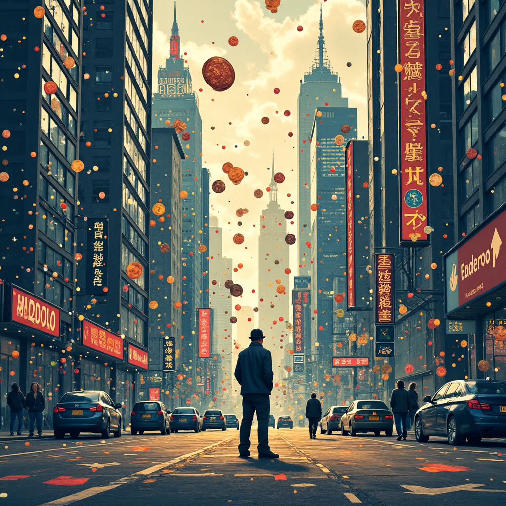 illustration of a chaotic financial market with currency symbols swirling and sharp downward arrows symbolizing risk and volatility