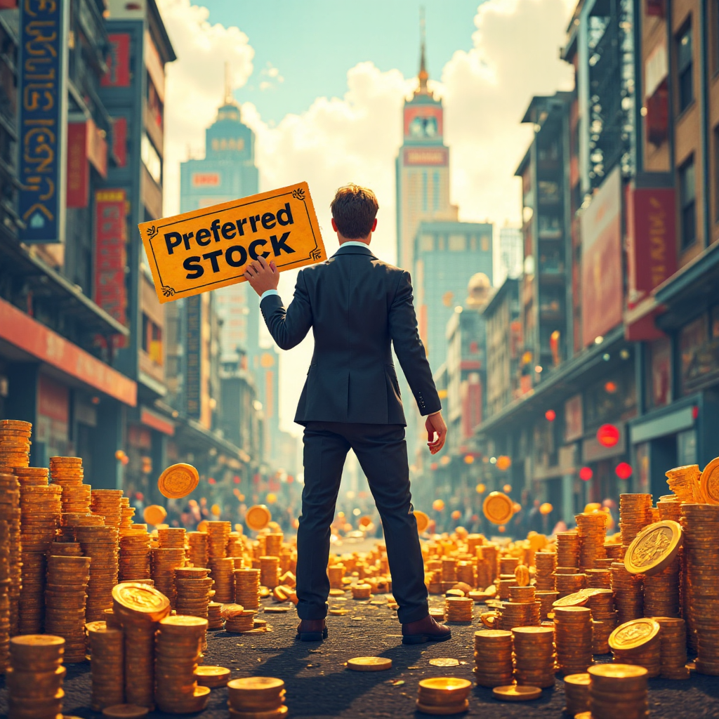 一位投資者手持標示「特別股」的金色票券,站在普通股符號人群之上,象徵在金融市場中的優先地位與更高待遇,早晨柔和光線