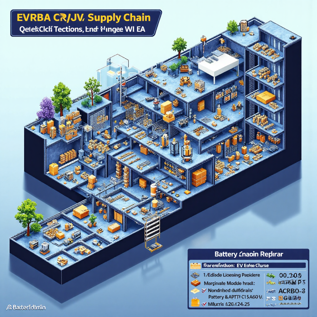 A detailed cross-section infographic in a futuristic style illustrating the middle section of an EV battery supply chain highlighting precursor materials being synthesized with nanometer precision under bright clean lighting
