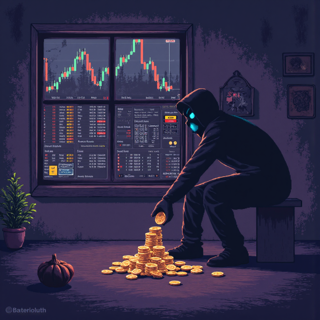 illustration of a shadowy figure attempting to snatch coins from a digital trading platform symbolizing platform risks and scams with a watchful guardian in the background