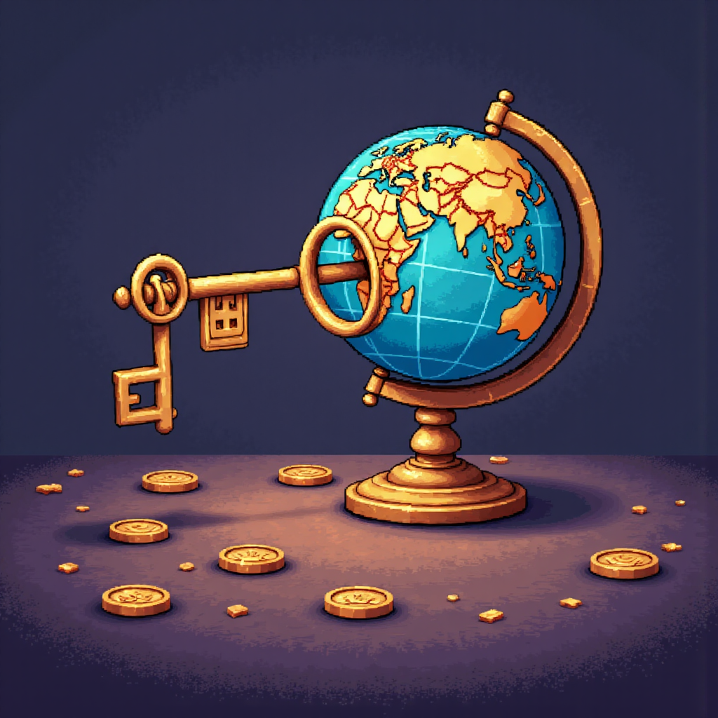 黃金鑰匙解鎖迷你地球儀的插圖,象徵小額投資開啟全球市場,柔和燈光下的奇幻風格,適合迷你道瓊入門