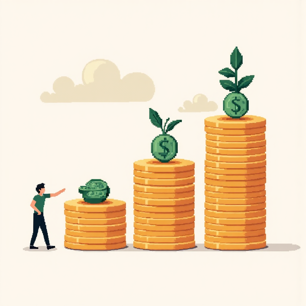 小額資金轉化成長大堆疊的貨幣圖示,背景融入國際金融符號,強調迷你道瓊的財務成長潛力