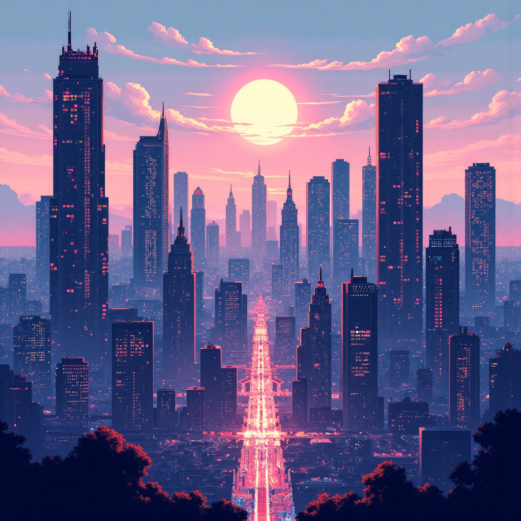 現代插圖描繪數位城市景觀,發光資料流在代表科技巨頭的抽象摩天大樓間流動,位於明亮樂觀的天空下