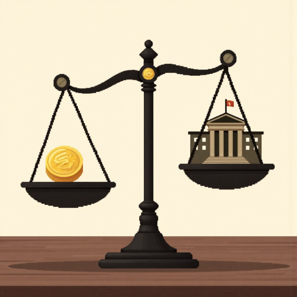 illustration of a vintage weighing scale with a gold coin on one side and a silhouette of a central bank building on the other symbolizing economic policy influence