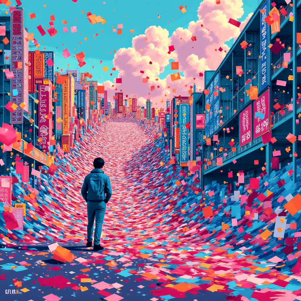 資訊如雪崩般急速湧向好奇人士，周圍環繞抽象資料元素，充滿活力能量色調