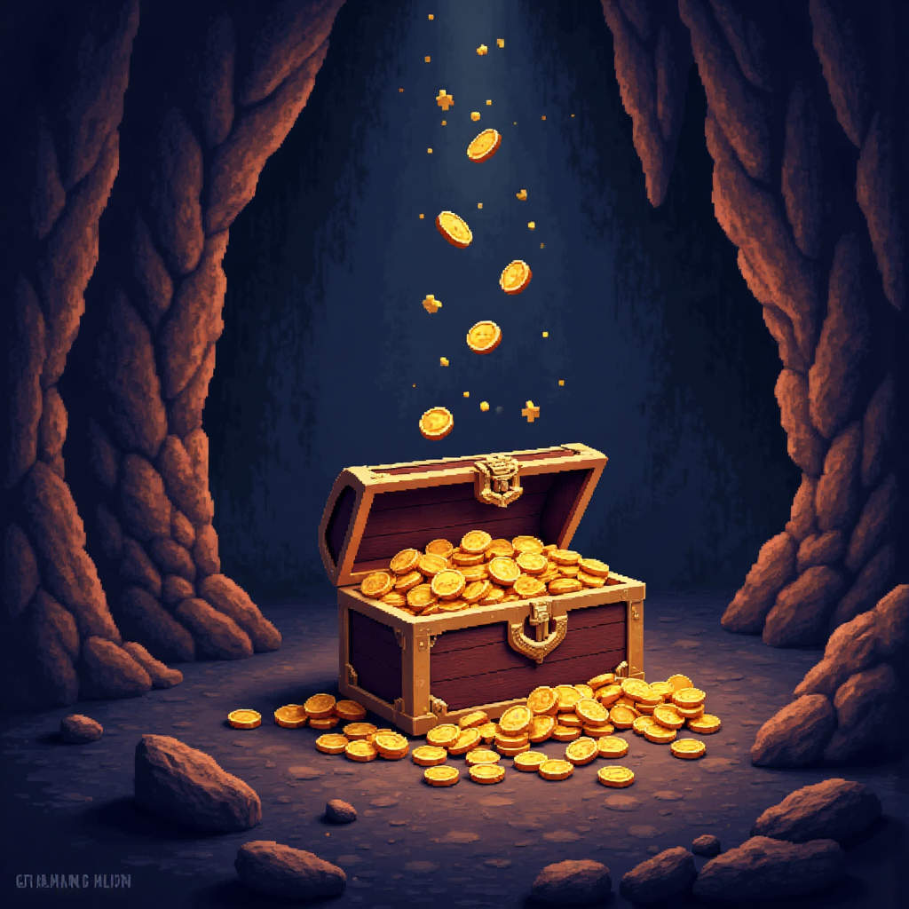 a serene depiction of a treasure chest overflowing with gold coins in a dimly lit cave with dramatic lighting and a hidden aura