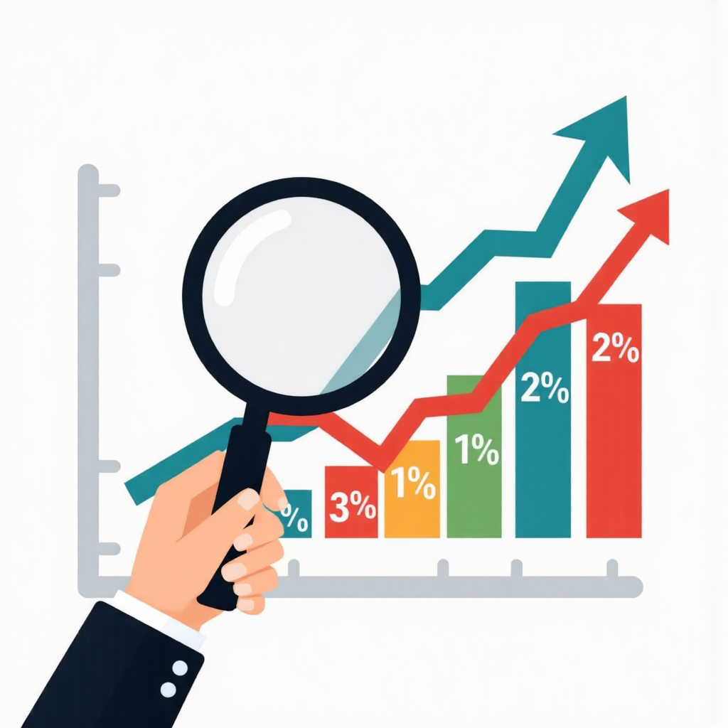 illustration of a hand holding a magnifying glass over a growing upward trending stock chart with percentages indicating return on equity