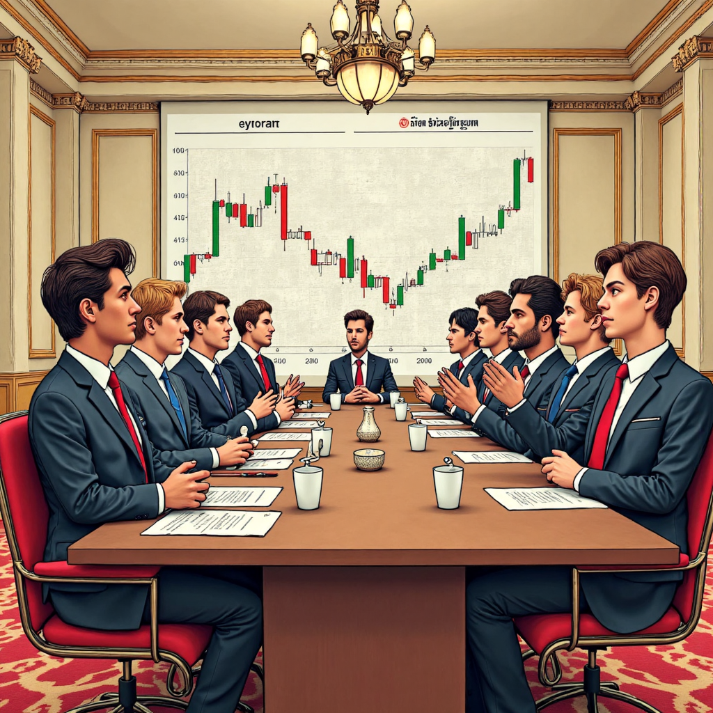 A whimsical illustration of a group of diverse cartoon delegates from various countries gathered around a large table discussing oil price charts in a grand hall with a subtle nod to Vienna's architecture