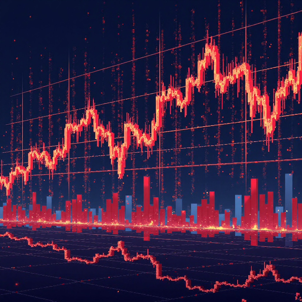 energetic illustration of global currency symbols interweaving around a stylized trading chart indicating high volatility and market activity with dynamic light streaks and a sense of urgency warm vibrant colors