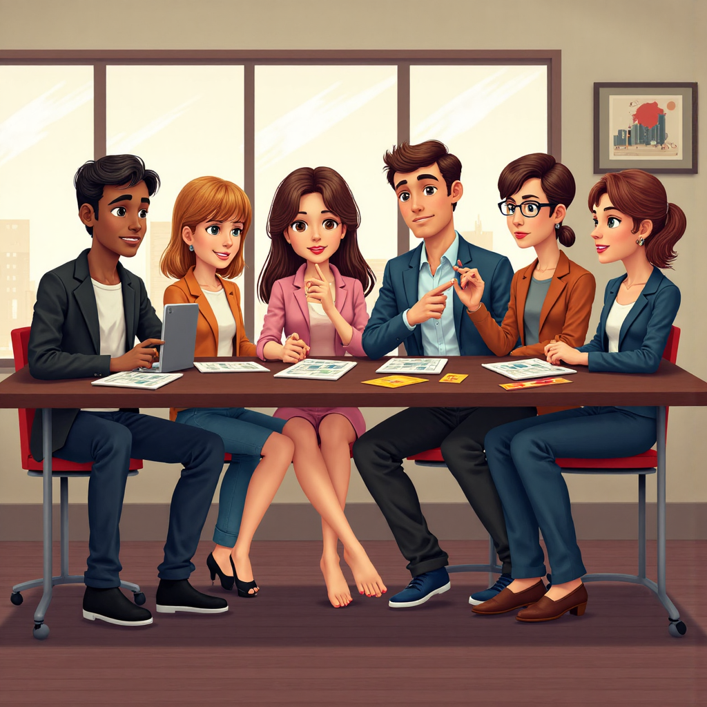 a diverse group of cartoon investors looking calm and thoughtful examining their portfolios on tablets and papers during a stylized market pause with soft warm lighting