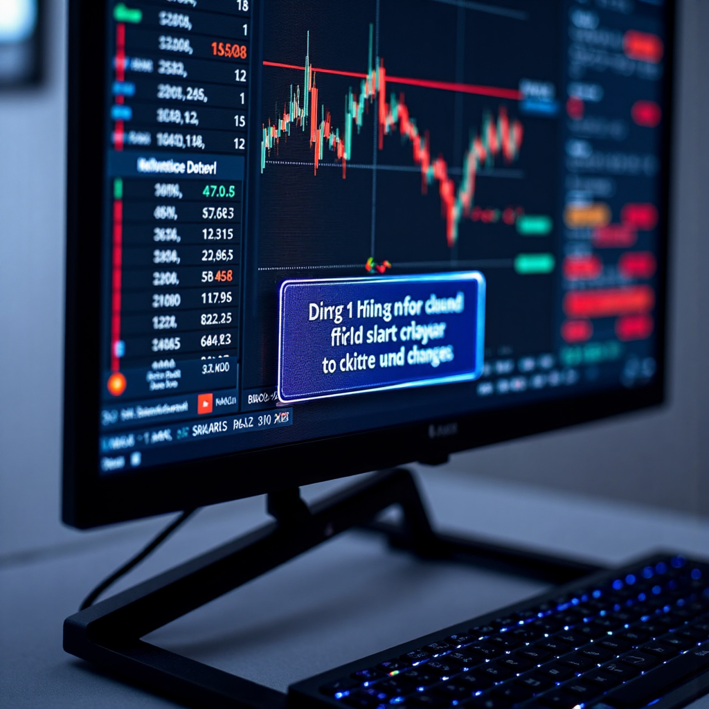 電腦螢幕上的股票圖表與財務數據,彈出發光通知泡泡顯示市場變動警報