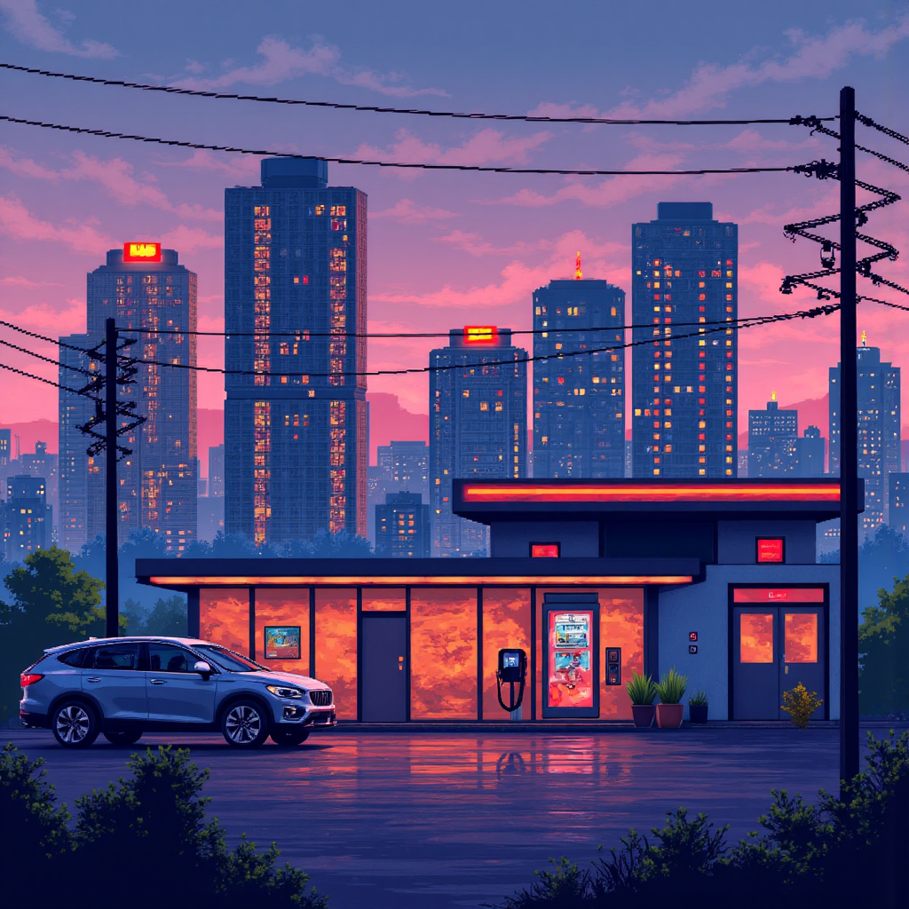 A vibrant digital painting depicting a large-scale energy storage system and an electric vehicle charging station overlaid with glowing circuit lines suggesting high tech transition