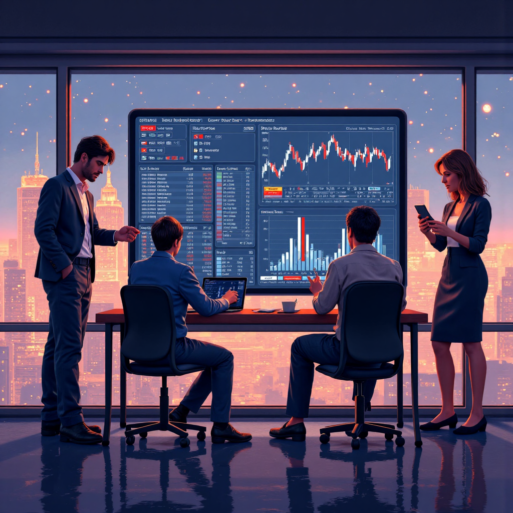 illustration depicting diverse people analyzing global currency charts on a futuristic digital interface with subtle glowing lines symbolizing financial markets warm ambient lighting soft color palette