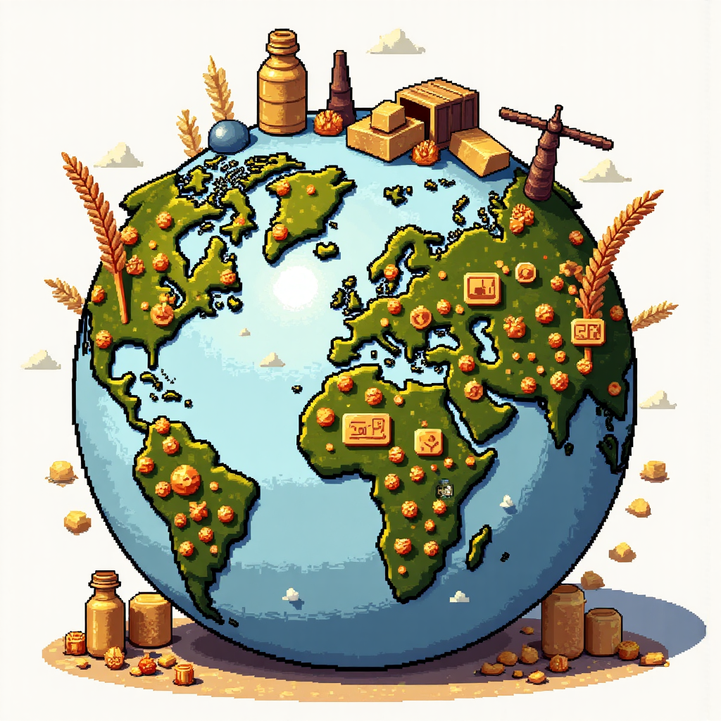 illustration of a globe made of various commodities like oil barrels gold bars and wheat grains with trading charts in the background