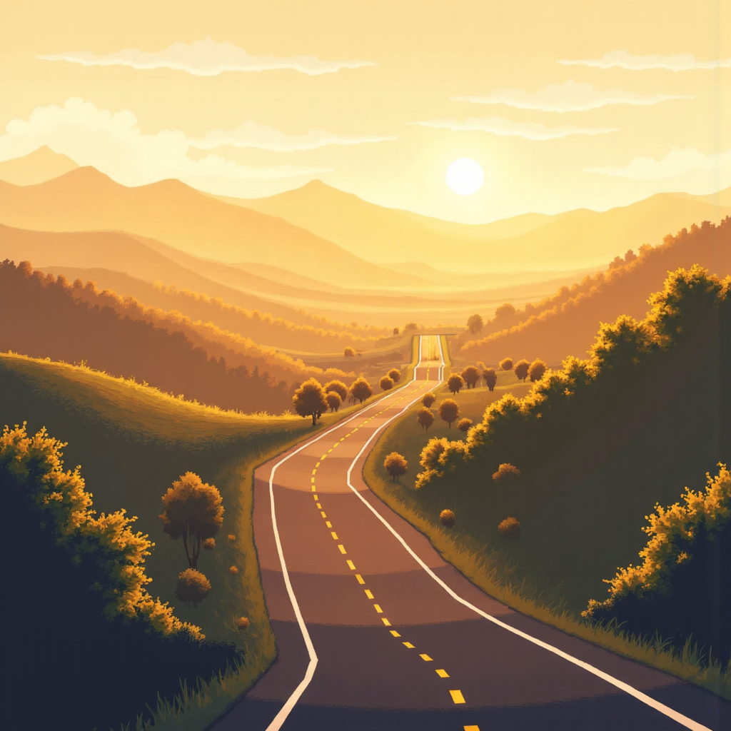 經濟趨勢與20年期美國公債殖利率路徑的象徵性插圖,蜿蜒道路通往地平線,融入市場圖表,柔和金色調與緩坡代表成長潛力