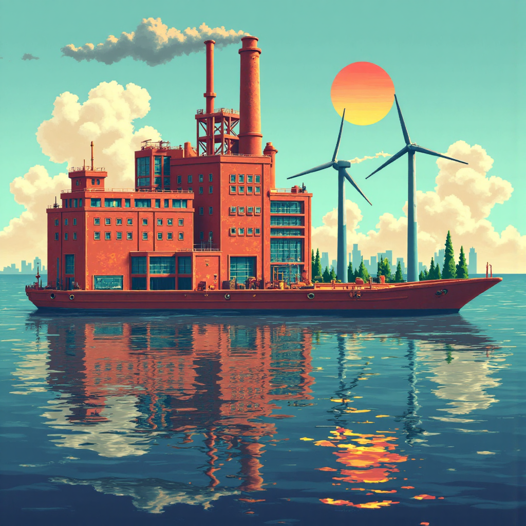 whimsical illustration showing a dual identity figure one side a factory producing high-tech resins the other side a vibrant offshore wind farm with glowing turbines under a stylized sun