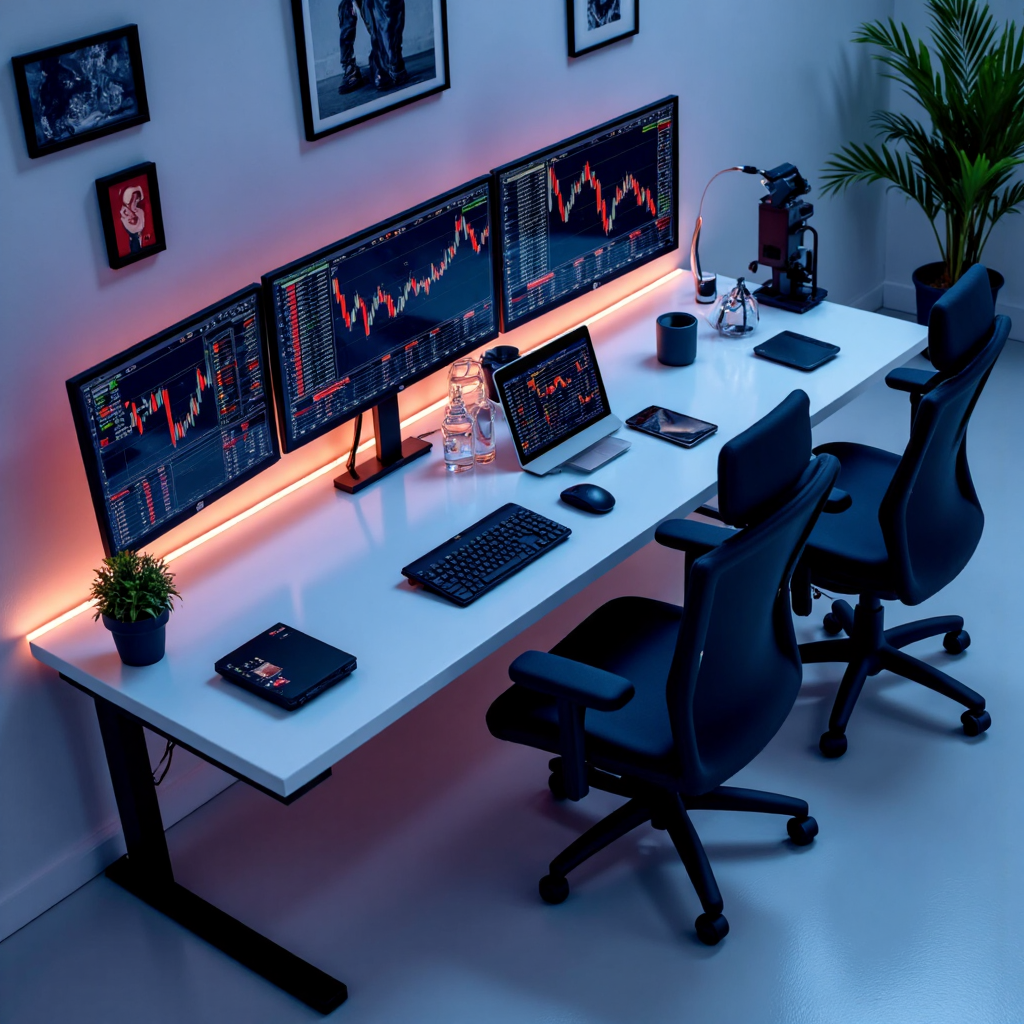 超現代交易桌俯視圖，多螢幕顯示金融圖表，簡潔桌子上螢幕發光，象徵先進交易科技