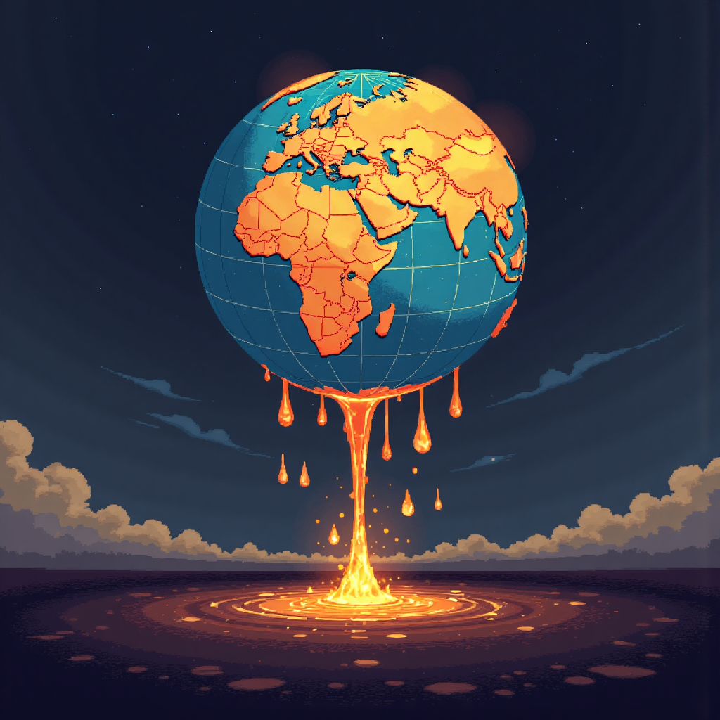 An illustration of a globe with oil drops falling from a stylized OPEC logo illuminating major oil producing countries with soft warm light
