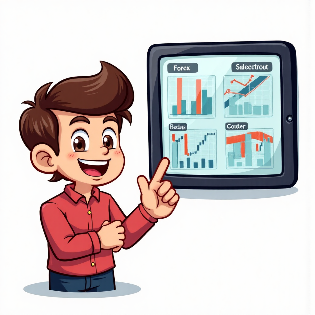 A friendly cartoon character pointing at a tablet screen showing forex currency graphs with clear labels and intuitive icons in a playful educational style bright and cheerful colors