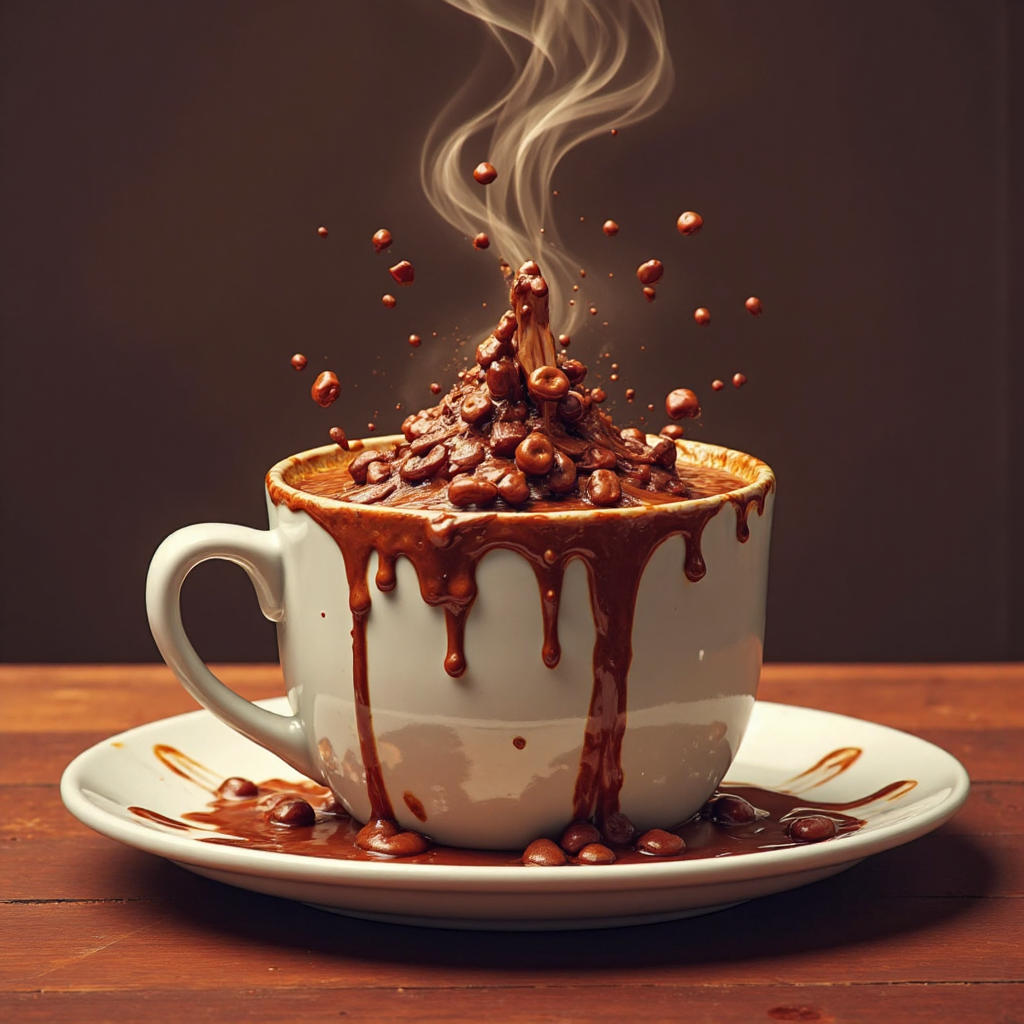 咖啡杯溢出濃郁咖啡，形成奶油般雪崩效果，輕煙裊裊上升，溫暖燈光營造舒適氛圍