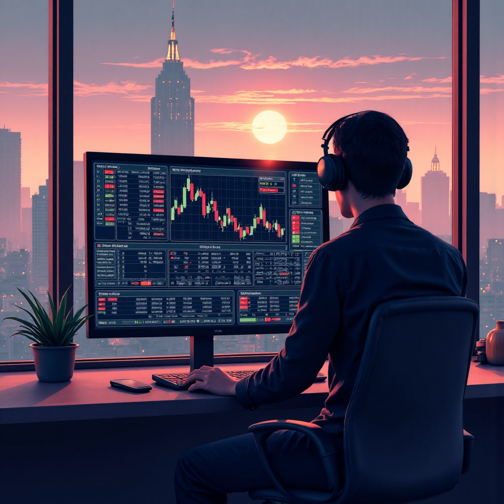 交易員分析 USD/JPY 匯率數據的未來介面圖,強調市場策略與黎明天際線