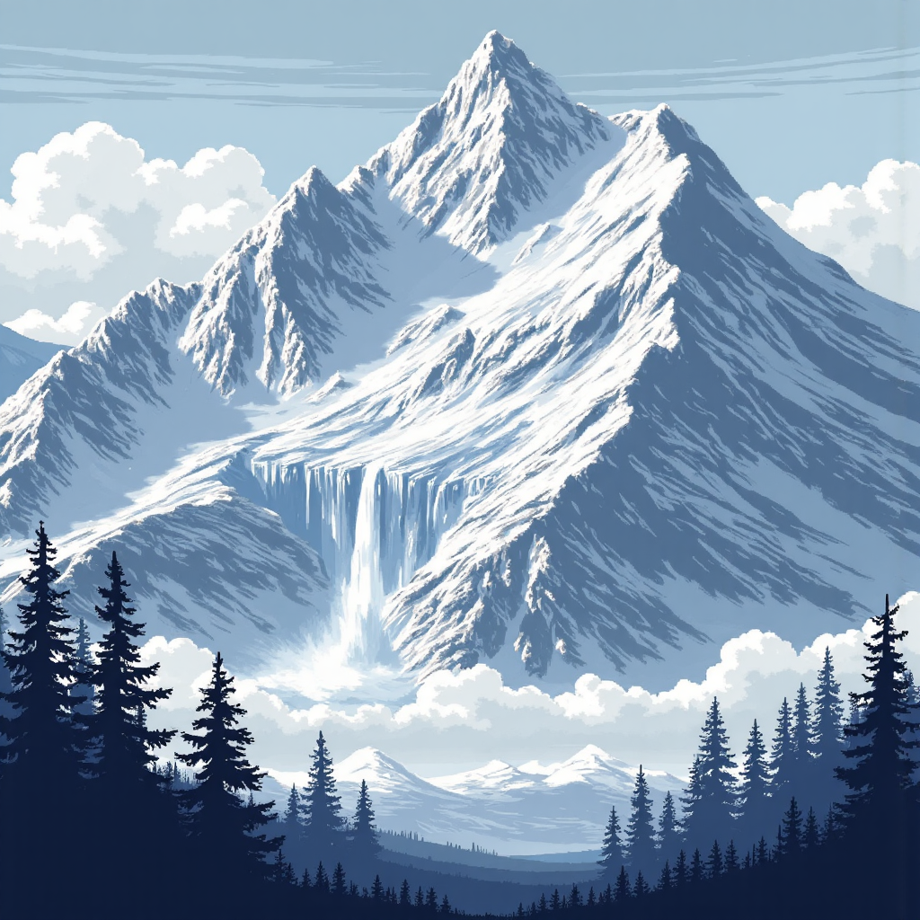 壯觀雪崩從雄偉山脈傾瀉而下，戲劇性天空下柔和體積光照與冷色調