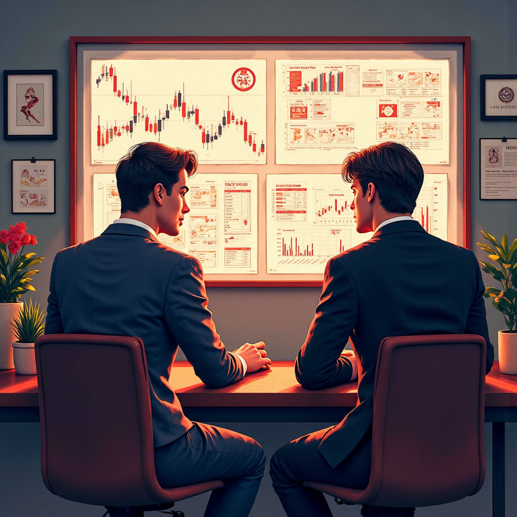 An illustration of global financial investors thoughtfully examining intricate charts that beautifully blend dollar symbols and bond certificates under warm, inviting studio lighting