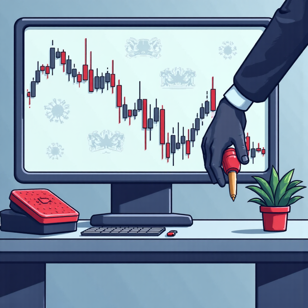 Illustration of a stock market graph with a red brake pedal being pressed stopping a sharp decline in price creating a calm atmosphere with a cool color palette