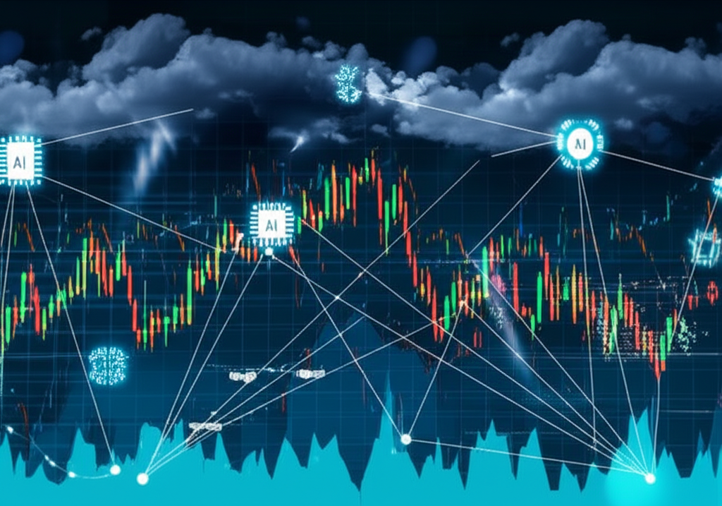 全球市場複雜圖示，AI符號與財務圖表互動，風暴雲代表不確定性與風險