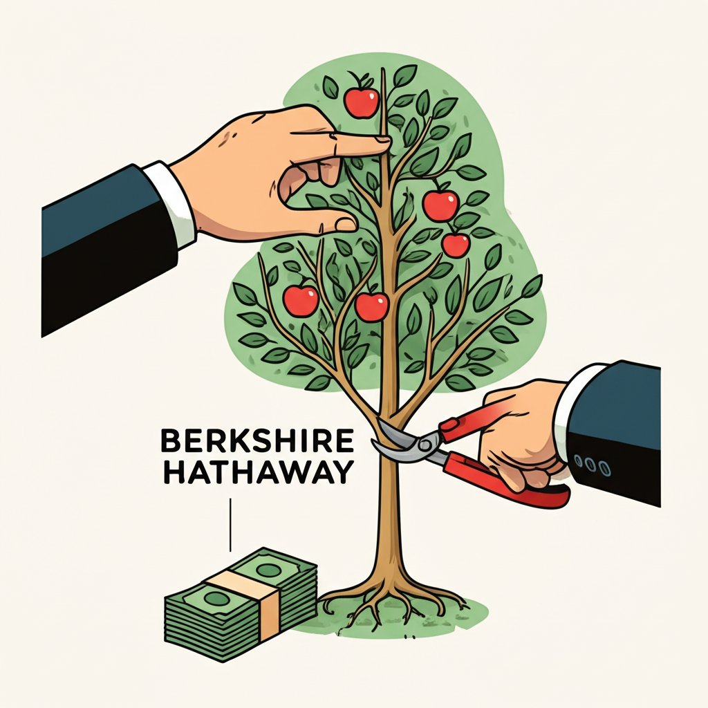 一雙標註伯克希爾·哈撒韋的巨手小心修剪蘋果樹枝,樹根下現金堆逐漸增長,象徵投資組合調整