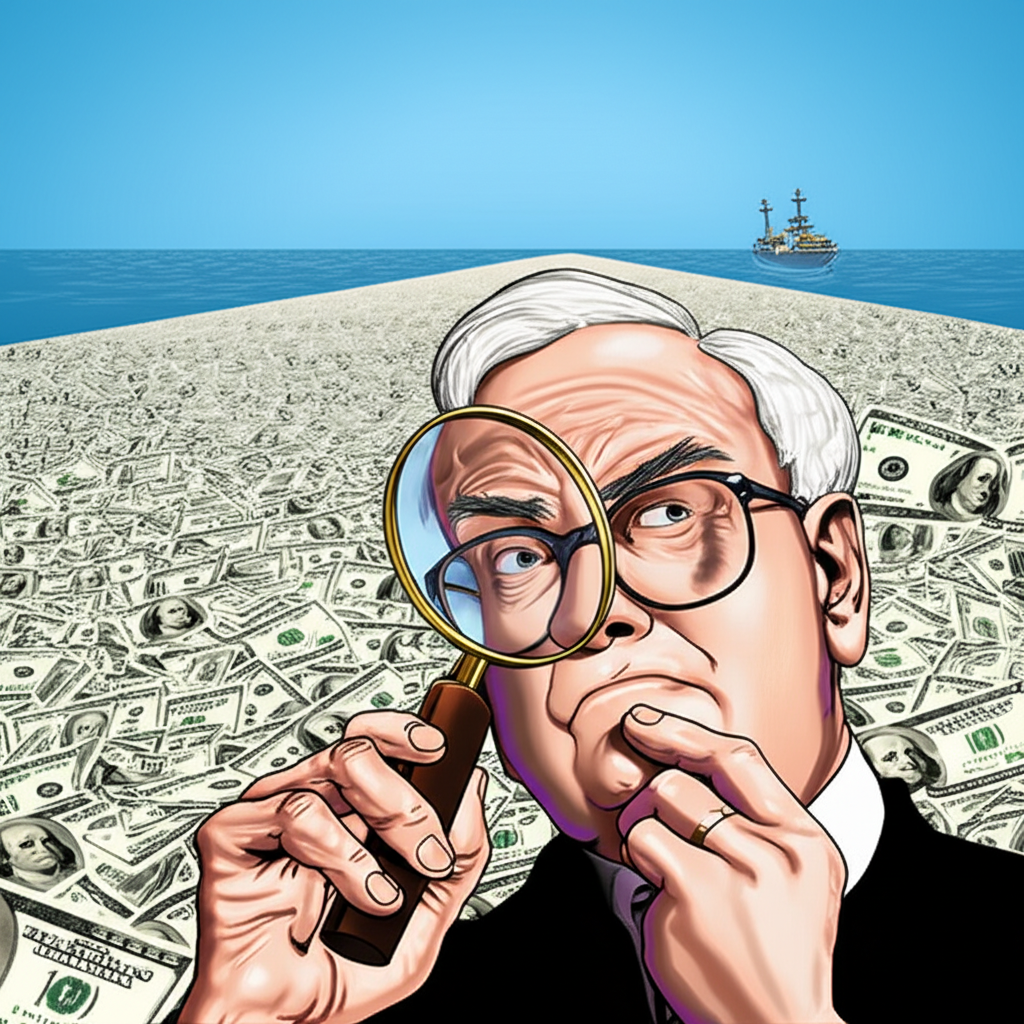 華倫·巴菲特手持放大鏡,凝視延伸至地平線的金錢海洋,尋找象徵大型投資機會的巨輪