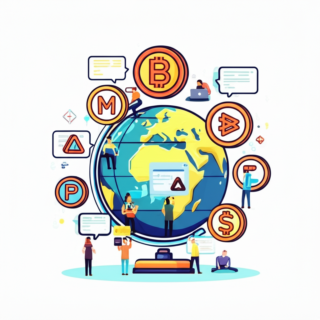 各種數位資產與加密貨幣符號如Midas XRP環繞地球,人們參與線上討論,代表波動多樣的數位市場