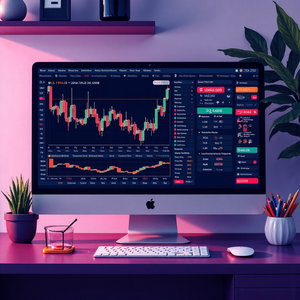 An illustrative depiction of a digital trading platform interface with financial charts and data streams in a clean modern art style vibrant color palette soft lighting